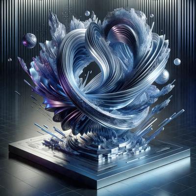 The primary subject of the image is a large, intricate sculpture of a water-like structure. The sculpture is made of metal and features a combination of blue, purple, and silver colors. The setting is a black background, which emphasizes the sculpture's details and colors. The visual style of the image is a blend of art and technology, as it appears to be a digital artwork or an illustration. The overall atmosphere of the image is one of creativity and innovation, showcasing the artist's skill in crafting a unique and captivating piece of art.